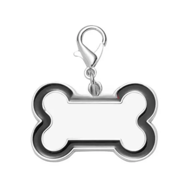 Pendentif forme os pour chien en métal argenté bord noir avec mousqueton (vendu à l'unité) (ADC305)