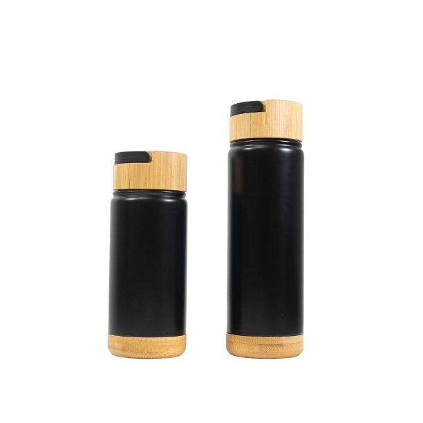Thermos noir avec base et couvercle en bambou