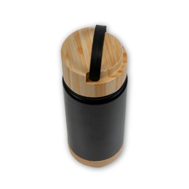 Thermos noir avec base et couvercle en bambou