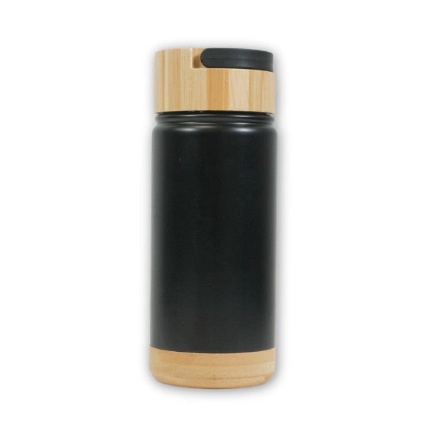 Thermos noir avec base et couvercle en bambou