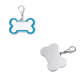 Pendentif forme os pour chien en métal argenté bord bleu avec mousqueton (vendu à l'unité) (ADC307)